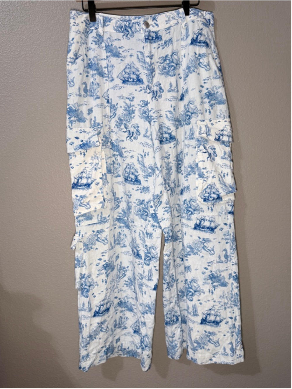 Avec Les Filles linen blend White Blue Toile Print Wide Leg Cargo Pants M - Picture 2 of 8